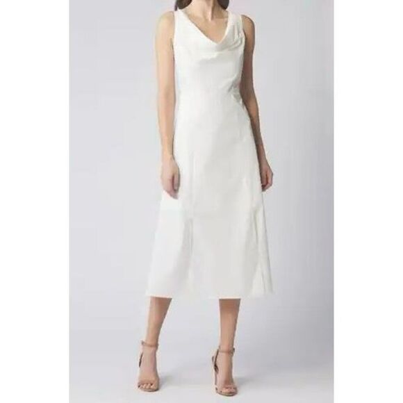 NWT Du Paradis Cream Sleeveless Cowl Neck Plissé Midi Sheath Silhouette Dress - Picture 1 of 11